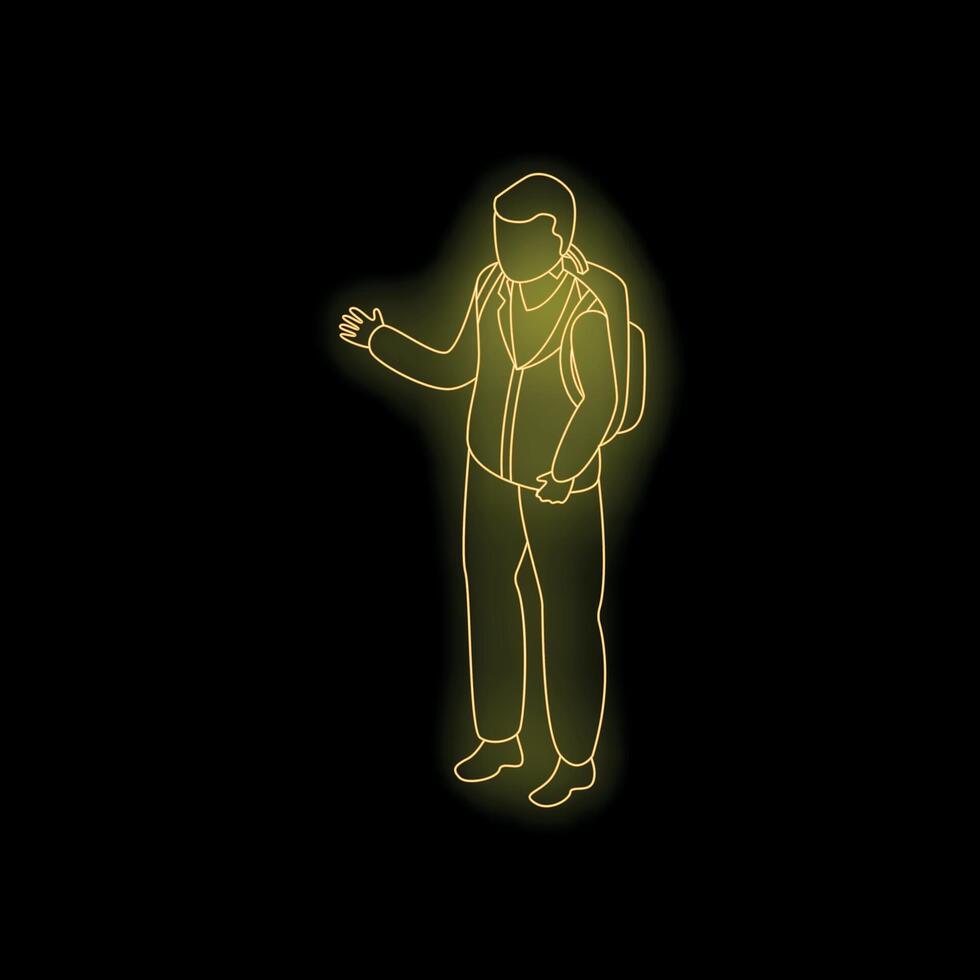 Student with backpack gesturing with hand, neon light style illustration vector