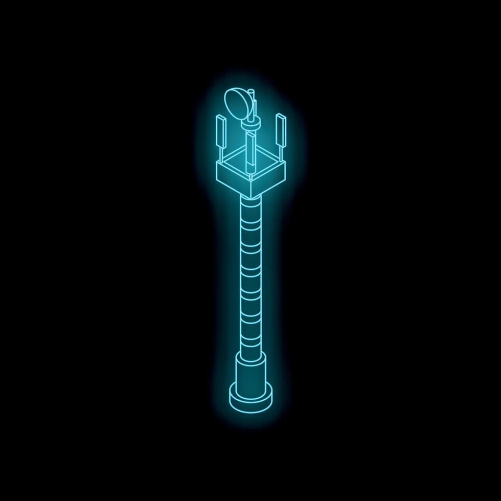 Telecommunication tower transmitting signals in isometric view with neon blue light vector