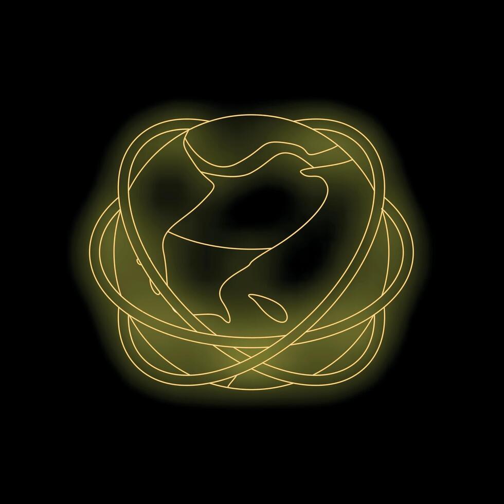 Neon yellow earth globe wrapped in swirling lines on black background vector