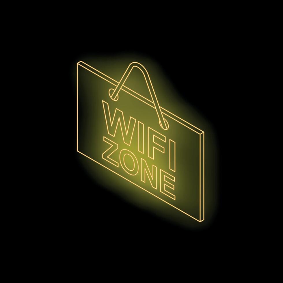 Neon yellow wifi zone sign hanging on black background vector