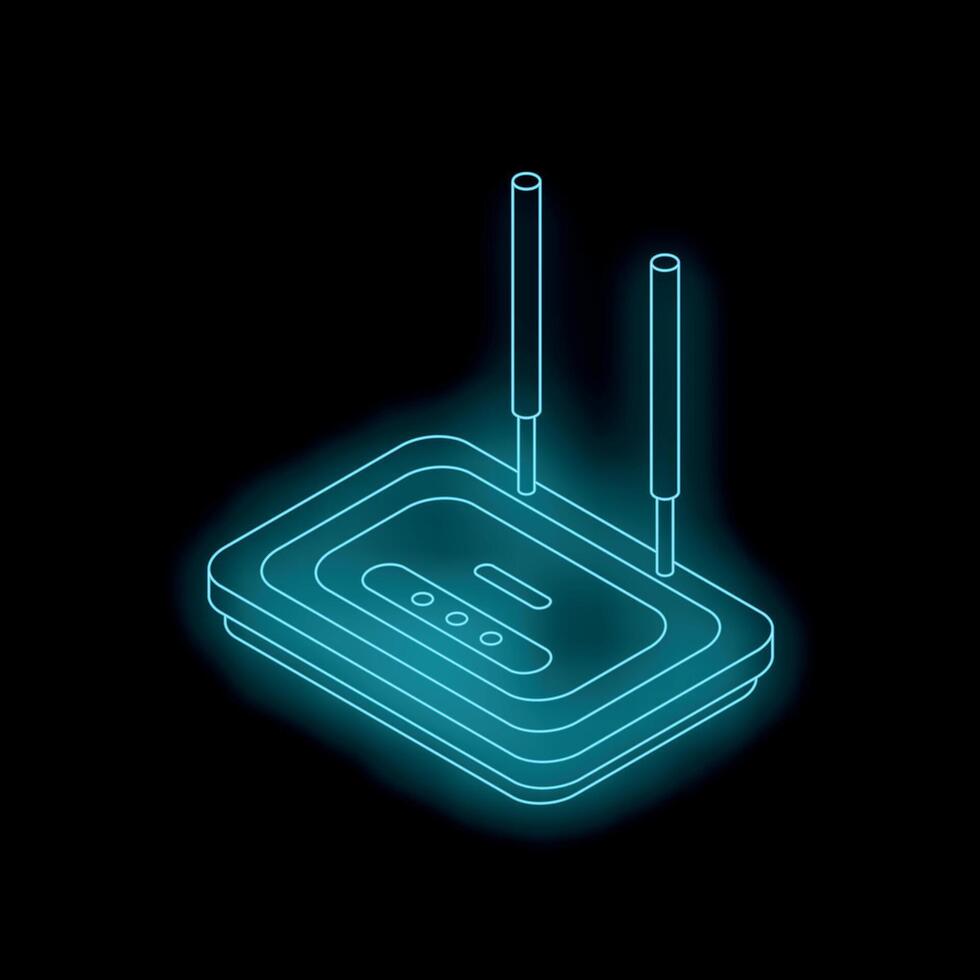 Bright neon wi fi router glowing on black background vector