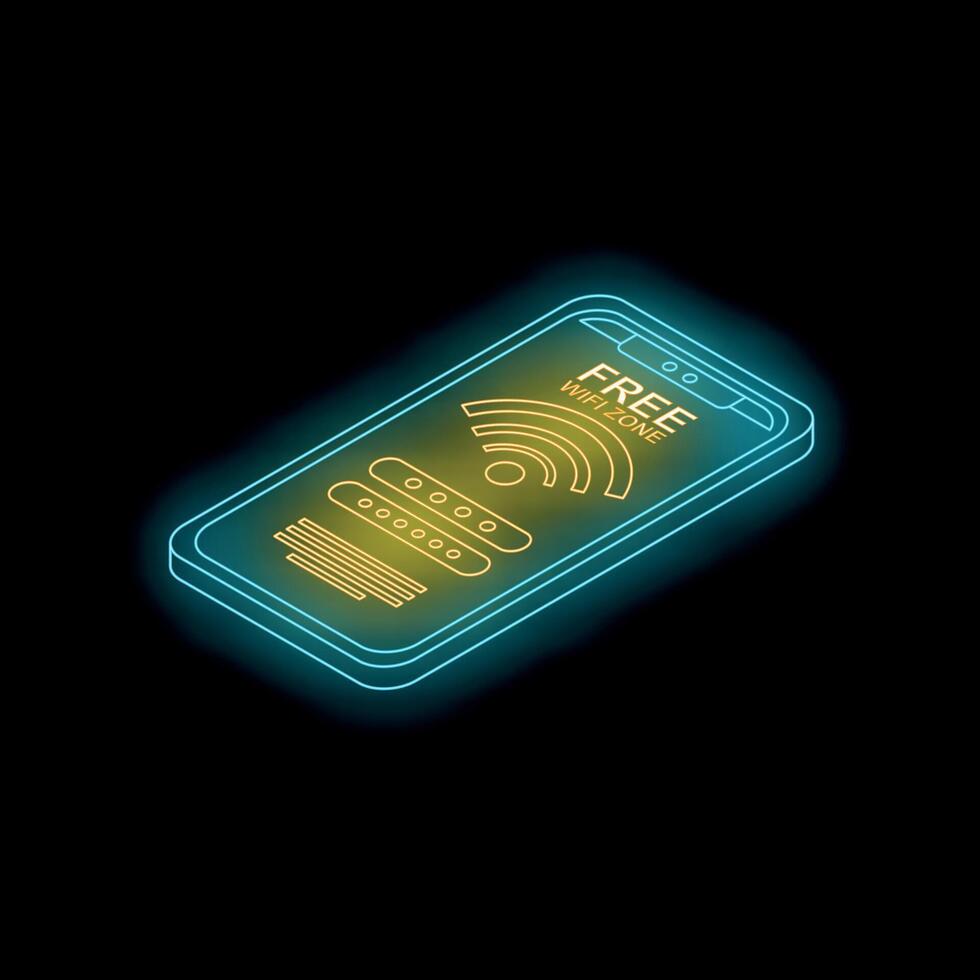 Neon smartphone showing free wifi zone and password field on black background vector