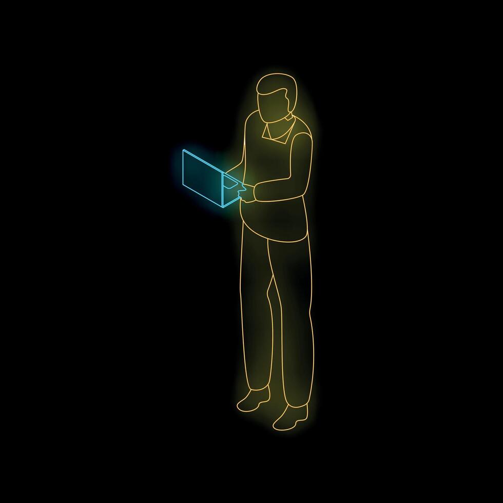 Businessman using laptop neon light isometric view on black background vector