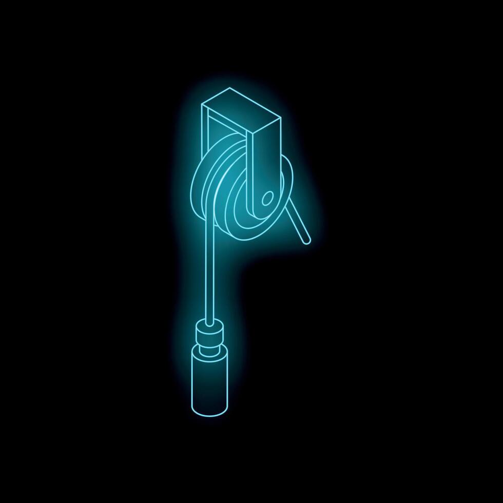 Glowing neon blue well water bucket pulling system on black background vector