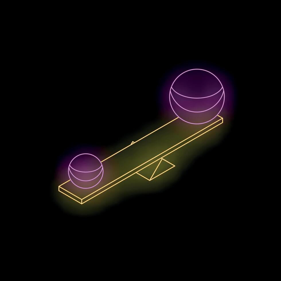 Neon seesaw balancing two spheres representing opposite choices vector