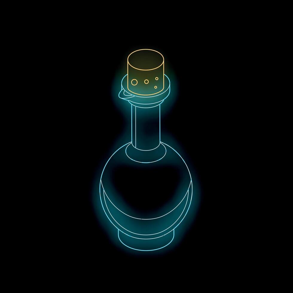 Glowing neon blue potion bottle with cork lid on black background vector