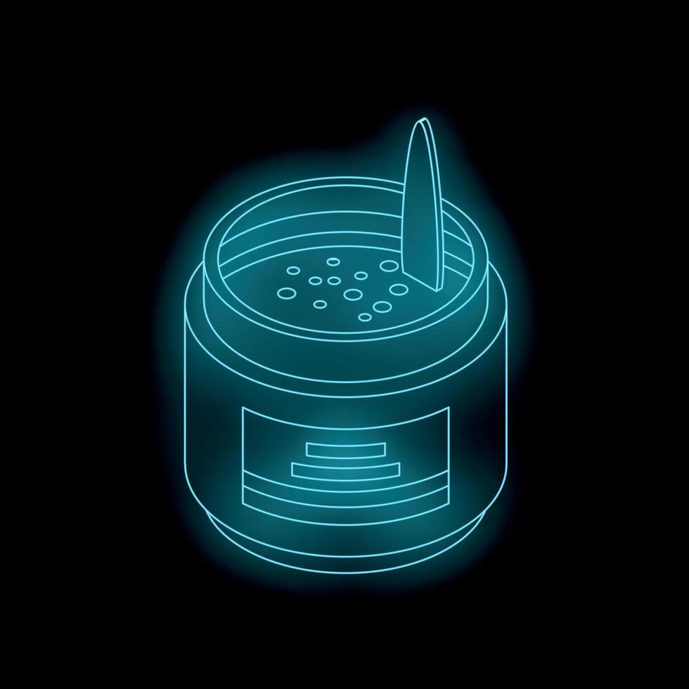 Glowing neon blue cosmetic cream jar with tiny spoon isometric view vector