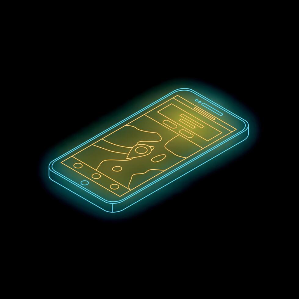 Smartphone showing navigation app with glowing neon lines on black background vector