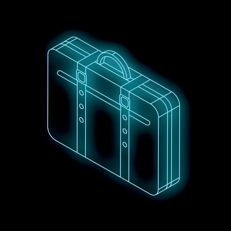 Glowing neon suitcase representing travel and business on black background vector