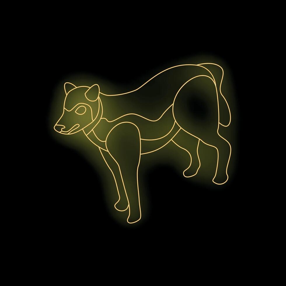Golden neon light representing a standing wolf facing left on a black background vector