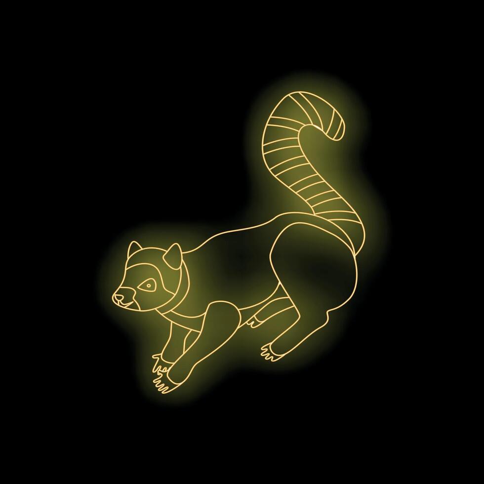 Yellow neon lemur running with striped tail on black background vector