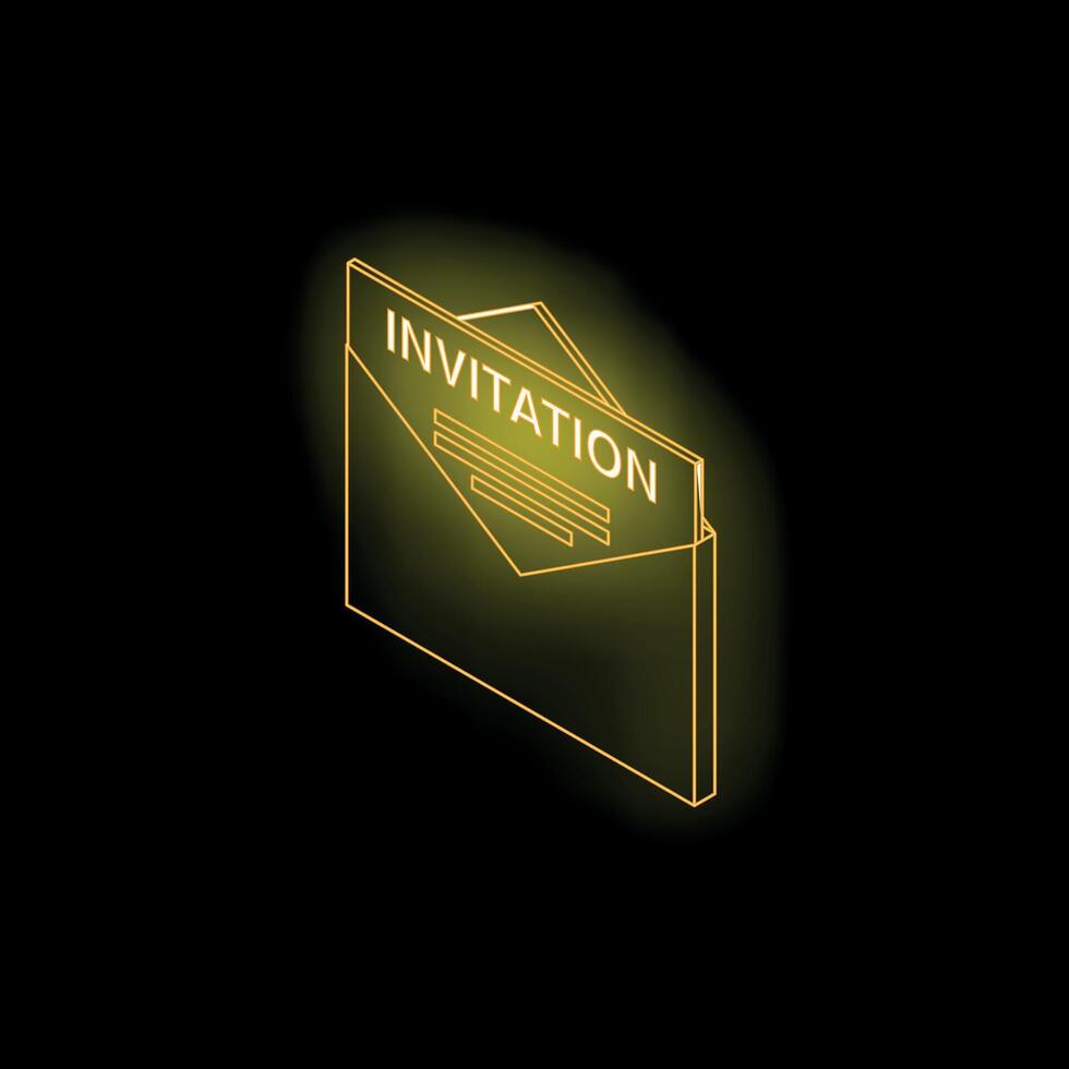 Glowing neon yellow invitation inside envelope on black background vector