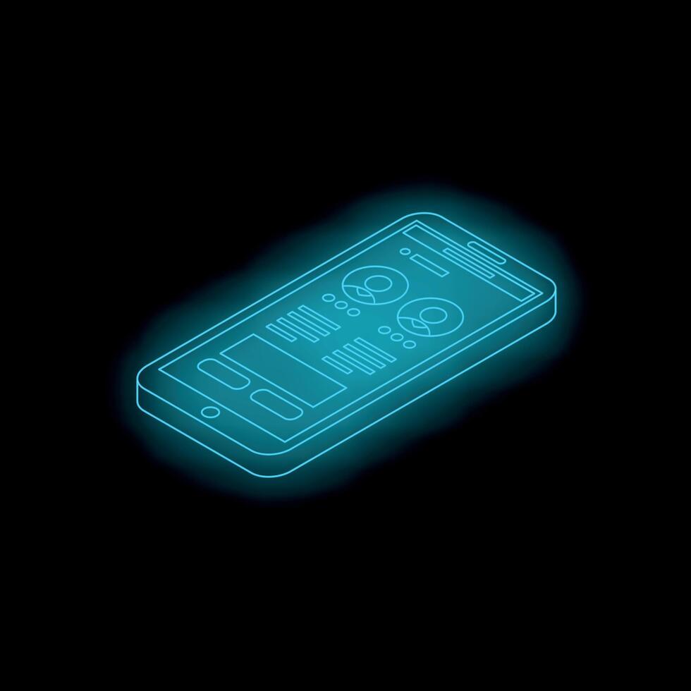Neon blue smartphone showing user interface with charts and data on dark background vector