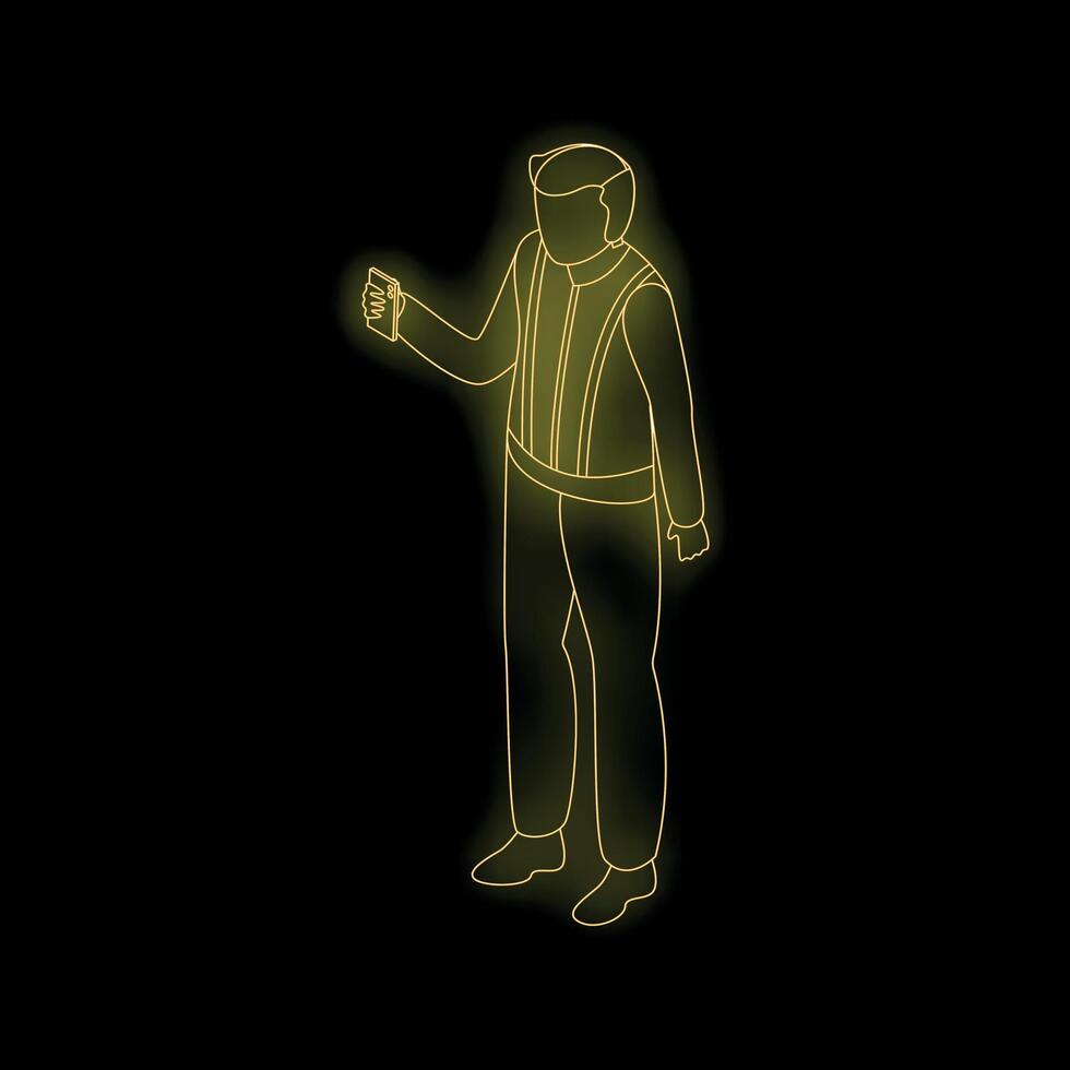 Construction worker holding smartphone with neon effect on black background vector