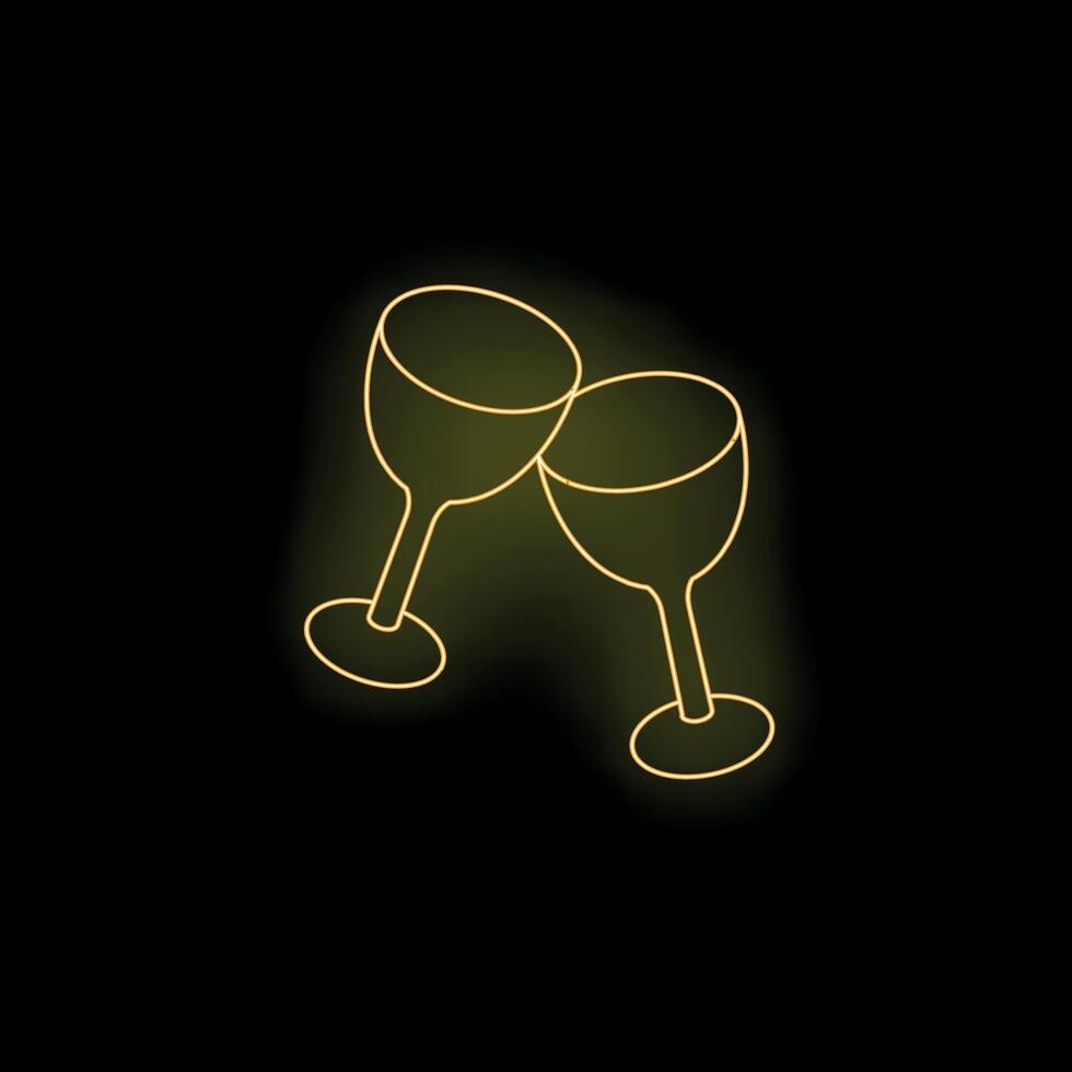 Two wine glasses making a toast with golden neon light on black background vector