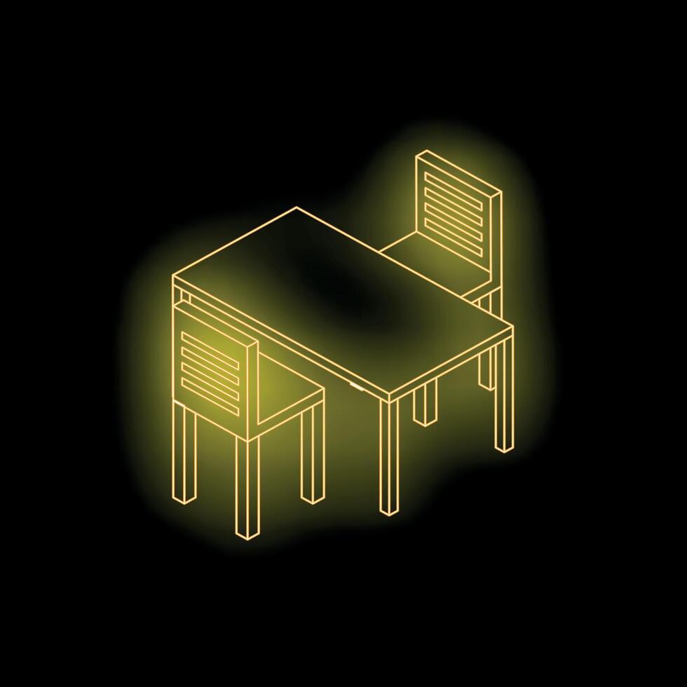 Neon yellow isometric dining table with chairs on black background vector
