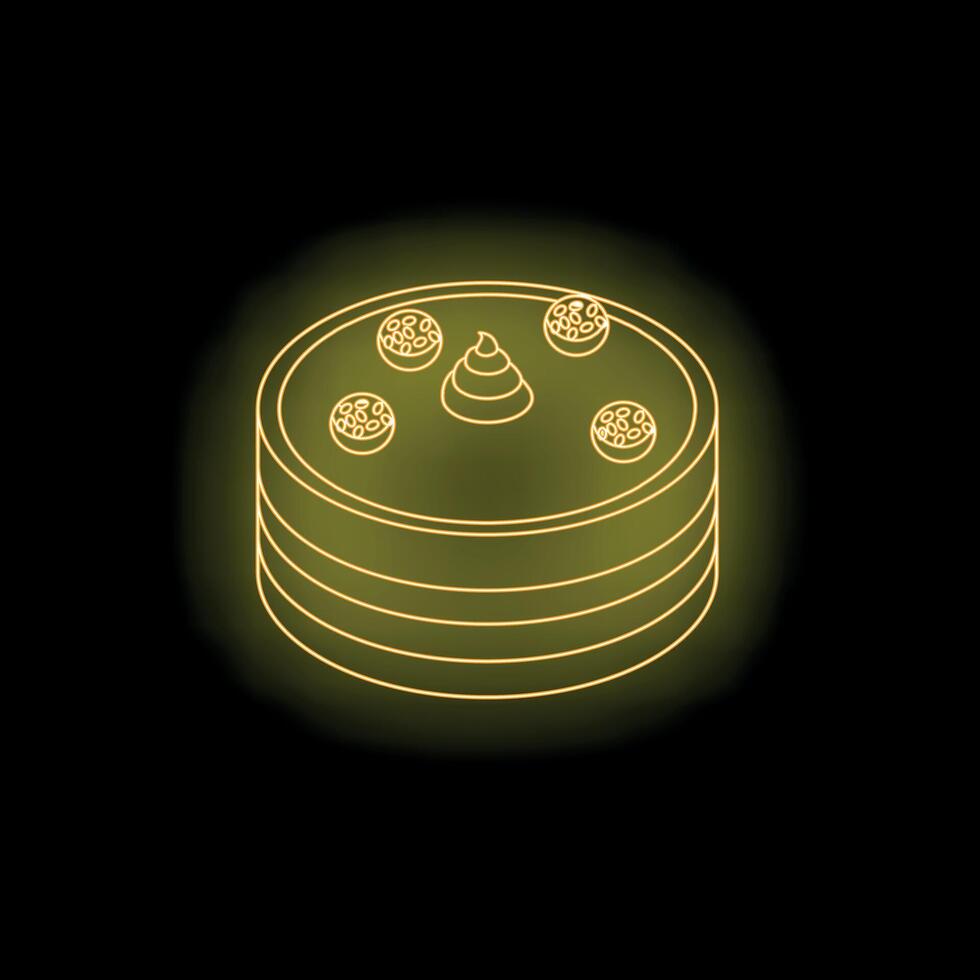 Neon yellow cake with chocolate topping and swirl of cream illuminating dark background vector