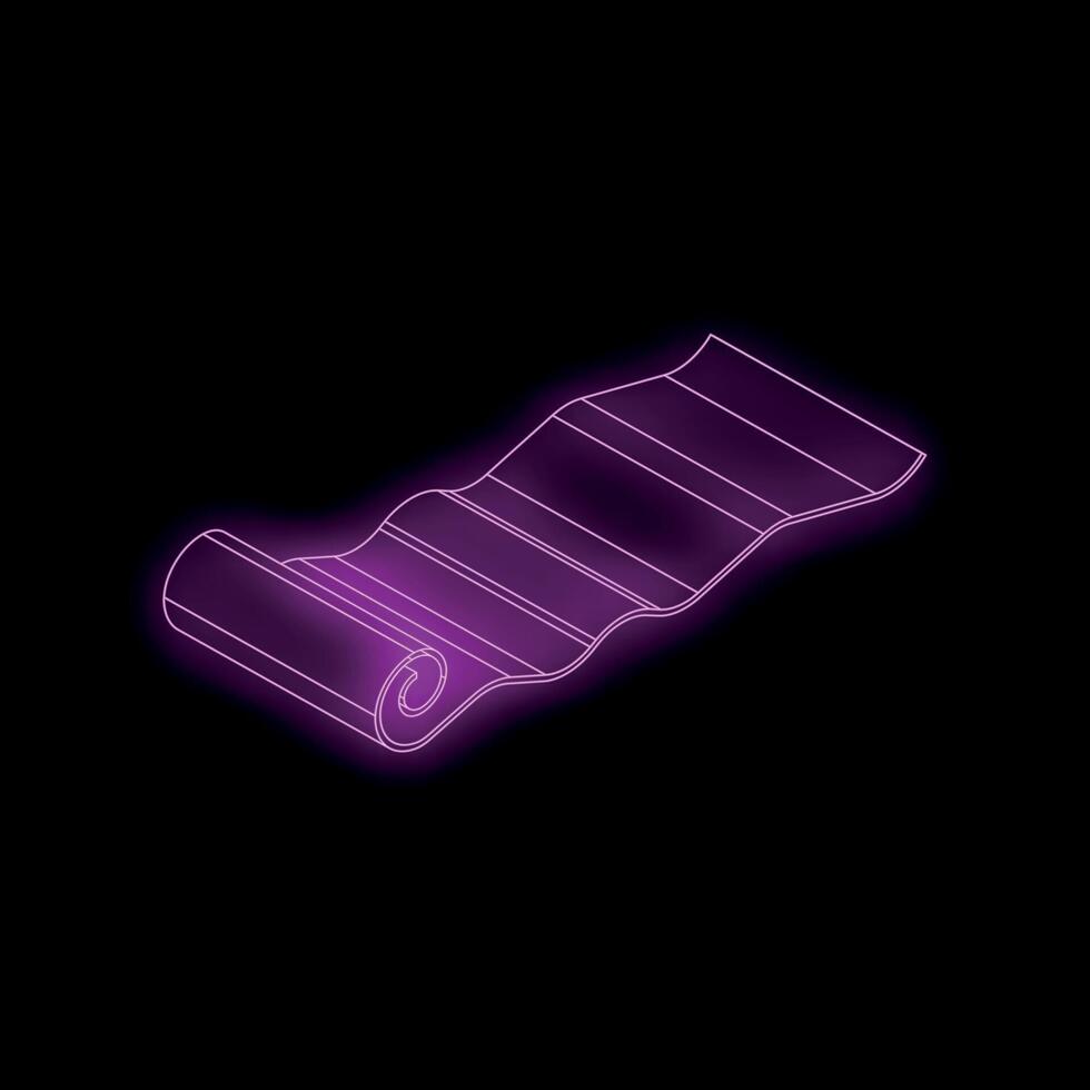 Rolled yoga mat glowing with purple neon light on dark background vector