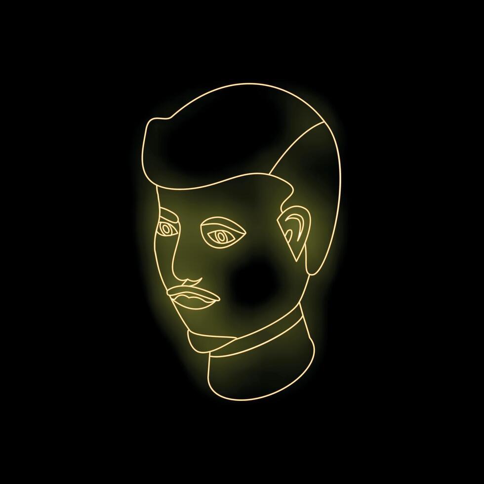 Neon yellow glowing man face with mustache on black background vector