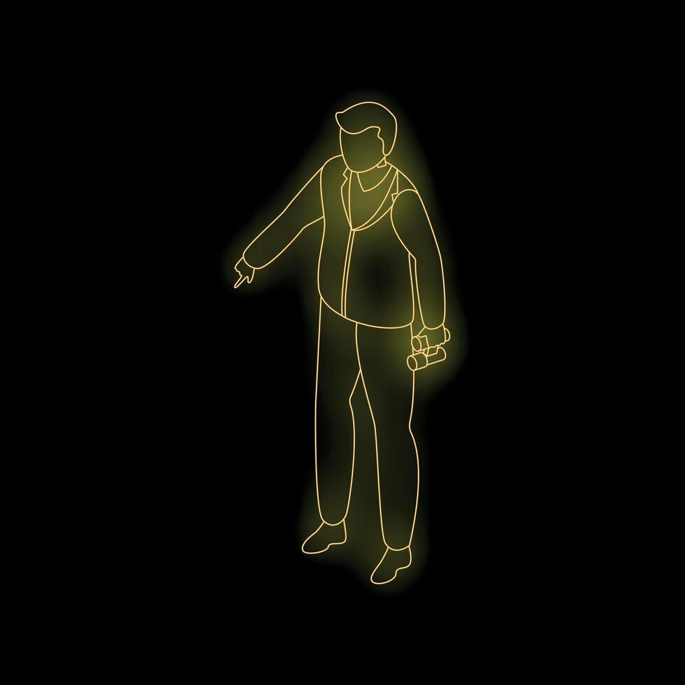 Man holding binoculars pointing with finger neon sign style vector