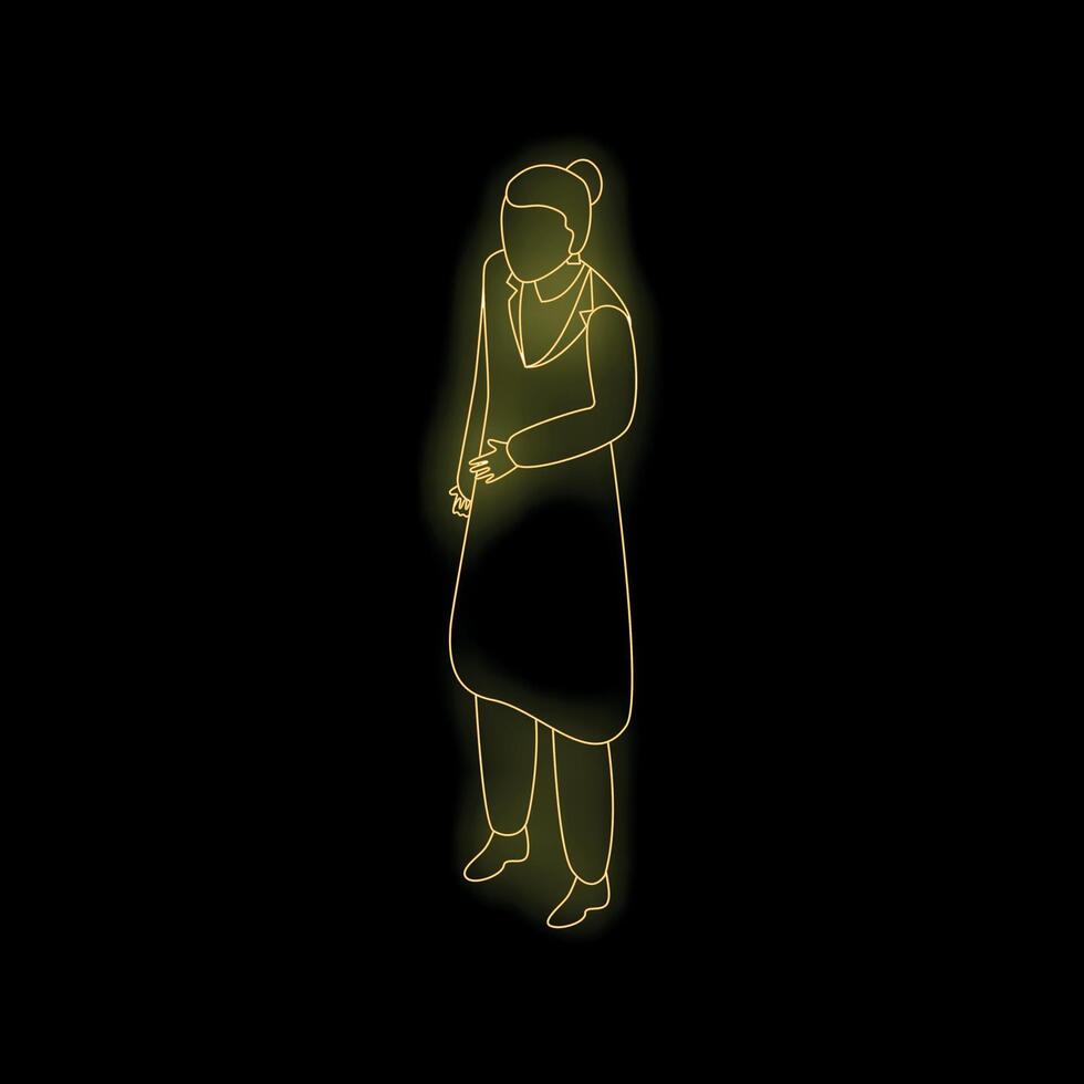 Neon yellow businesswoman character standing on black background vector