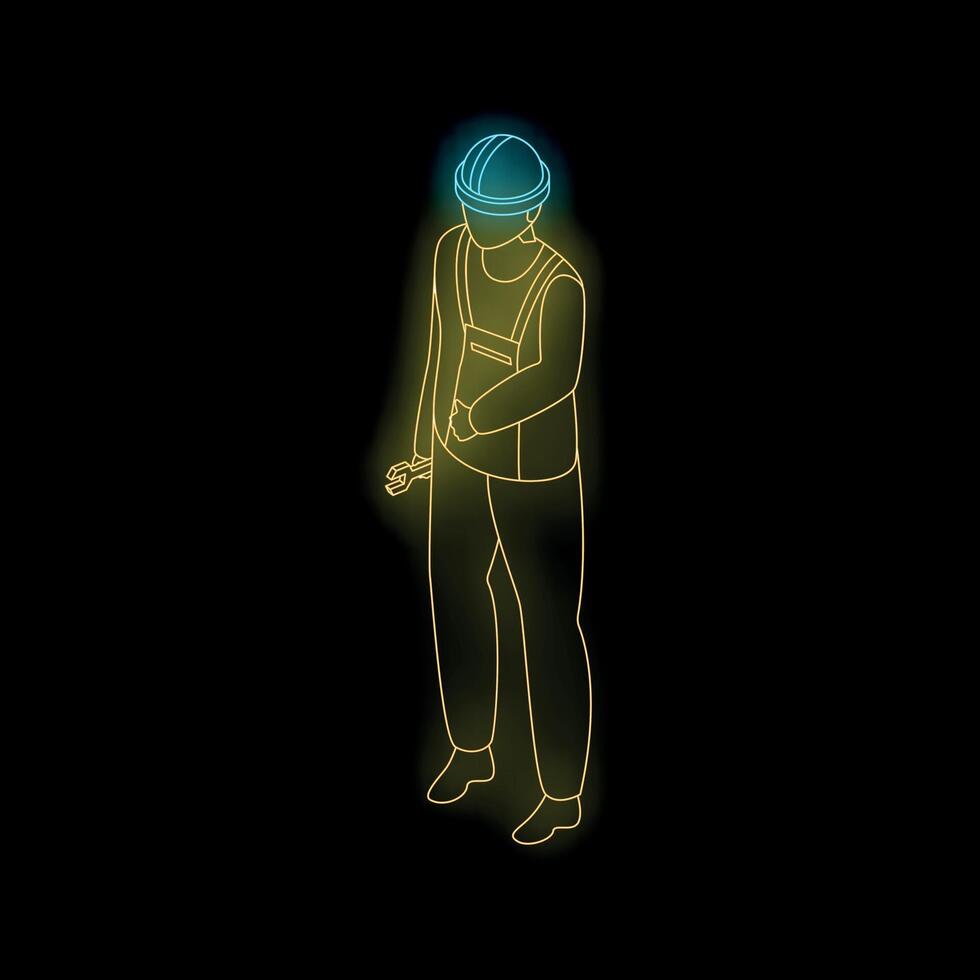 Neon construction worker holding wrench in isometric view vector