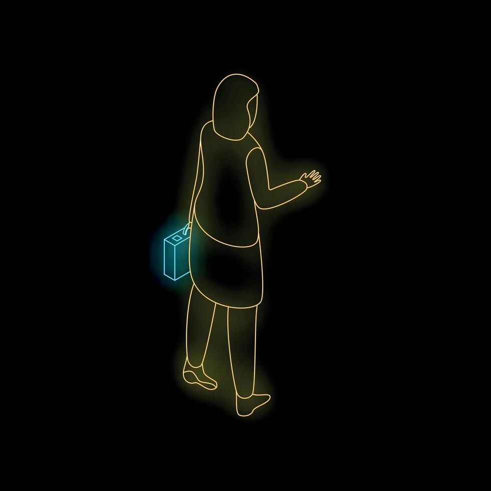 Neon isometric businesswoman walking with briefcase, gesturing with hand vector