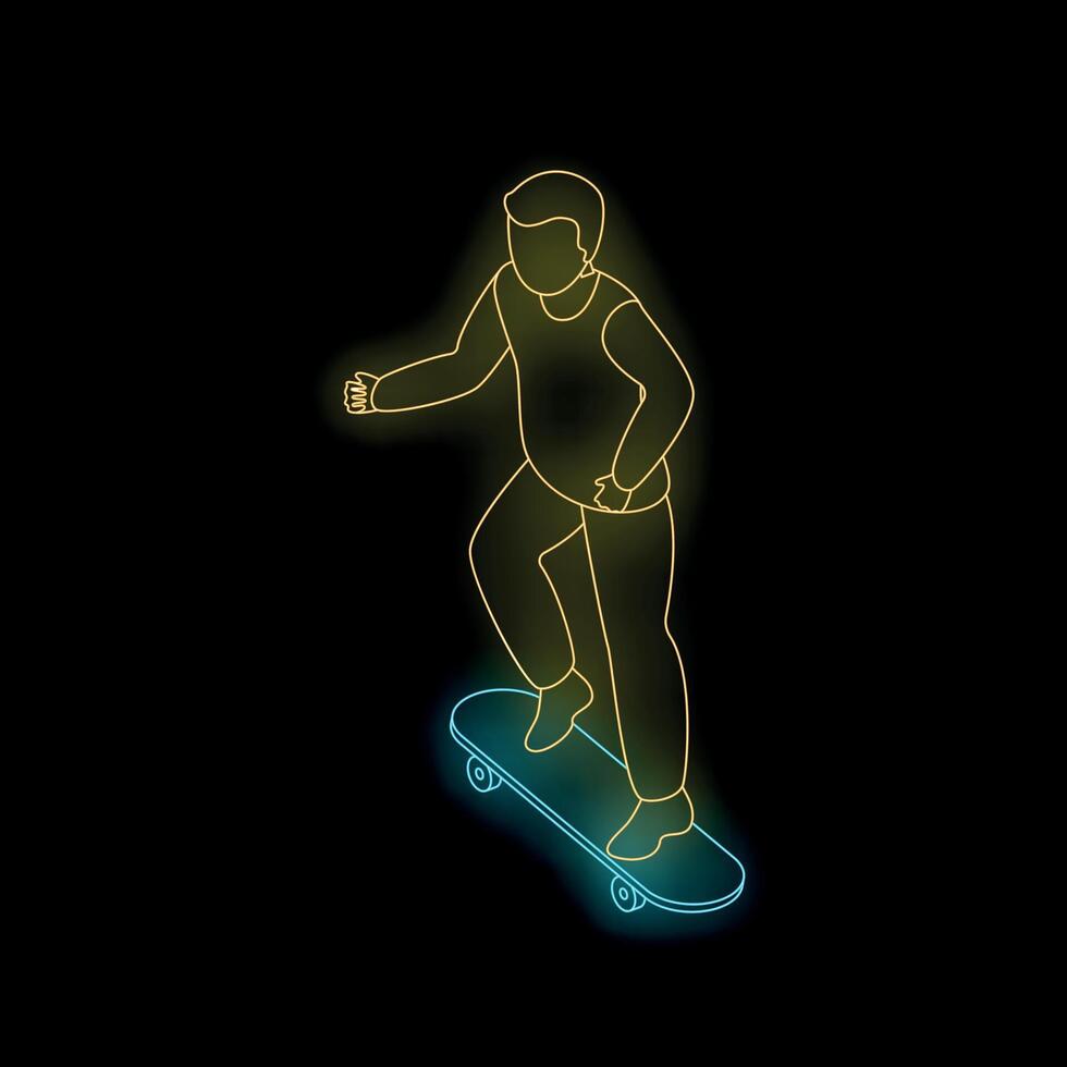 Young man skateboarding in neon light, isometric projection vector