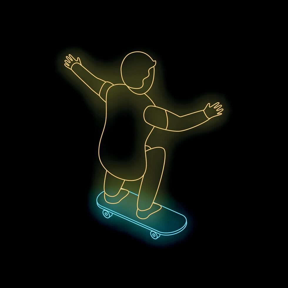 Skater balancing on skateboard neon sign on black background vector