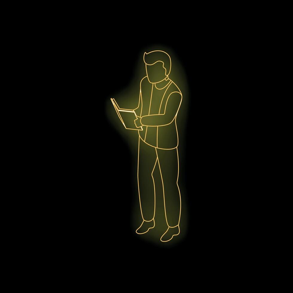 Businessman reading book glowing line drawing on black background vector