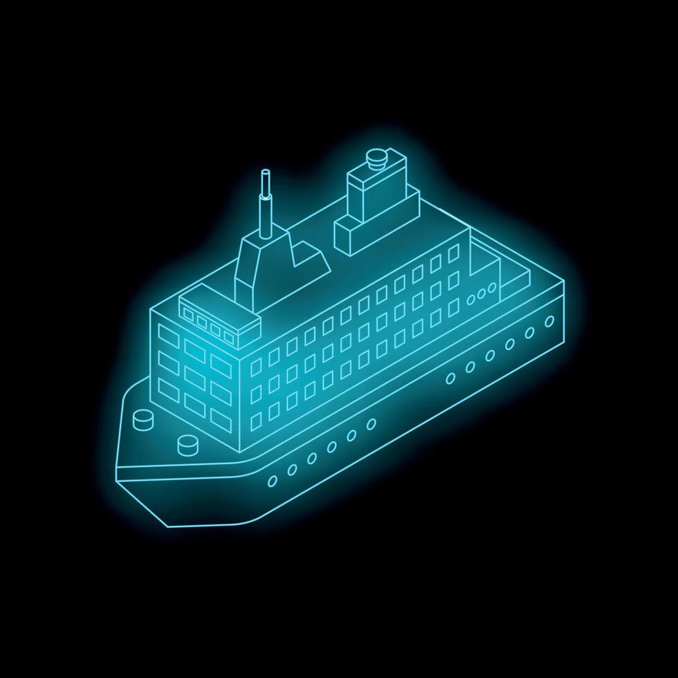 Glowing neon cruise ship sailing through digital ocean vector