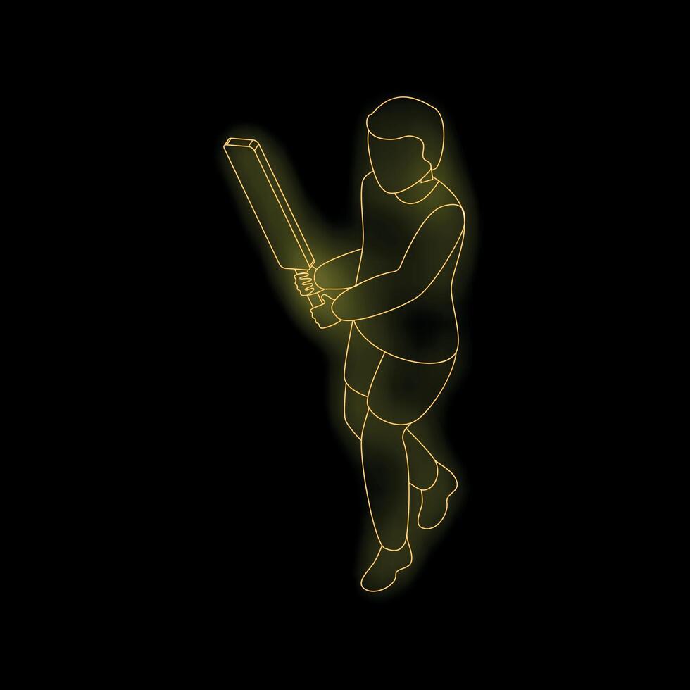 Cricketer batsman swinging bat, glowing line art on black background vector
