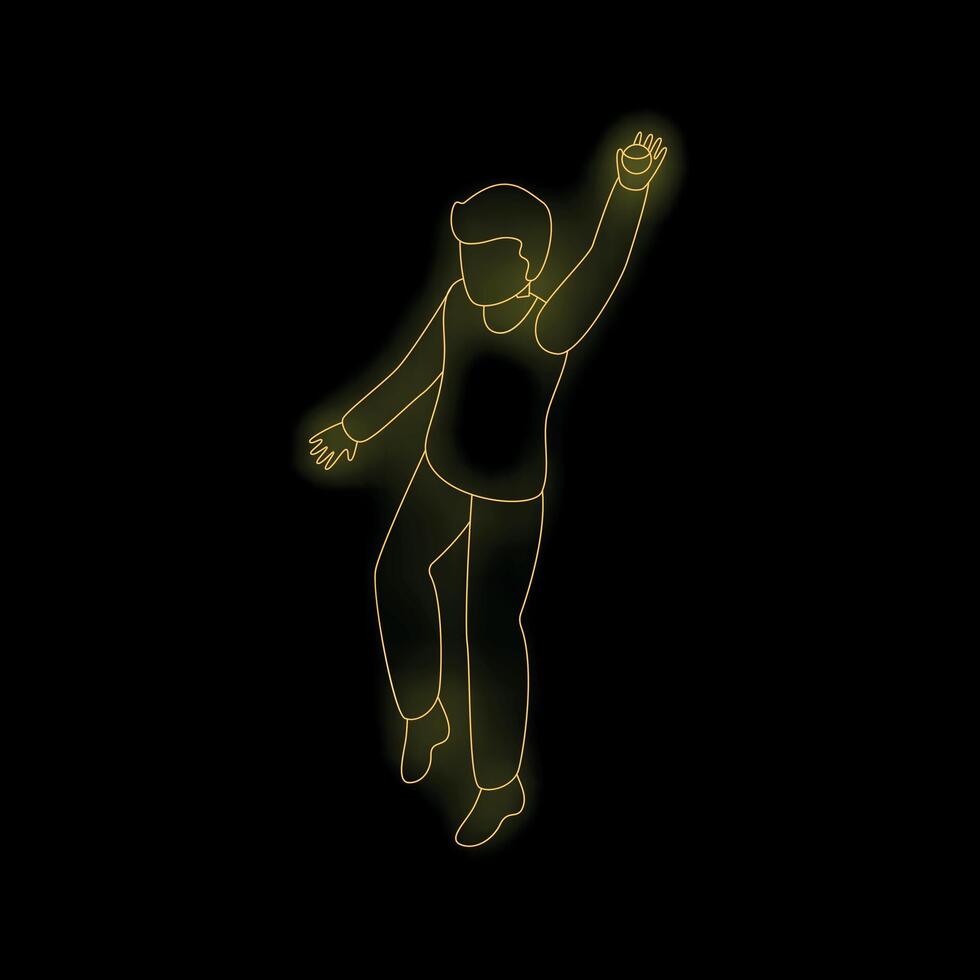 Young man dancing with neon light effect on black background vector