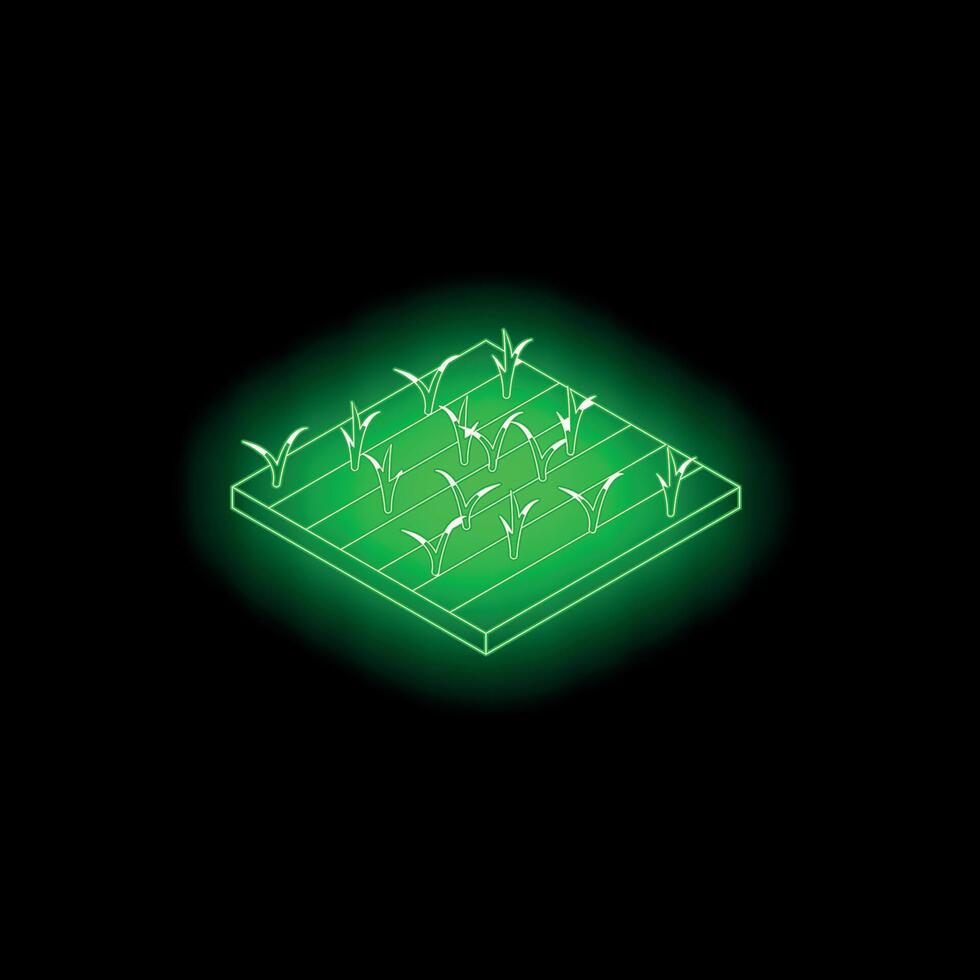Glowing neon green cultivated field with growing plants on black background vector