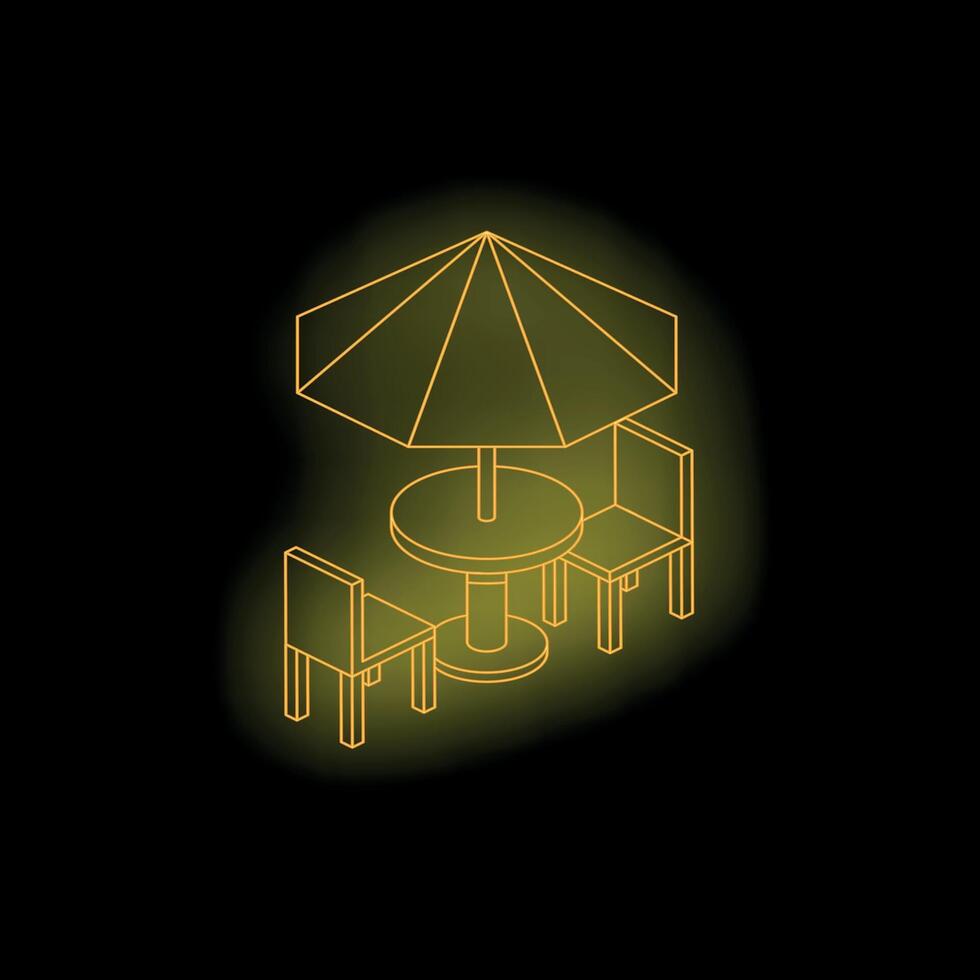 Neon yellow street cafe table with umbrella and chairs shining on black background vector
