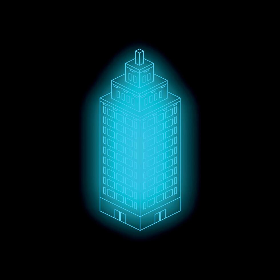 Glowing blue isometric skyscraper standing out in the dark vector
