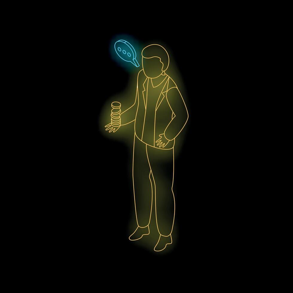Businessman holding stack of coins and speech bubble is appearing above his head vector