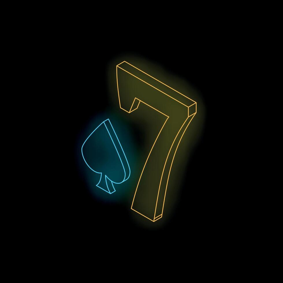 Glowing neon seven of spades on black background vector