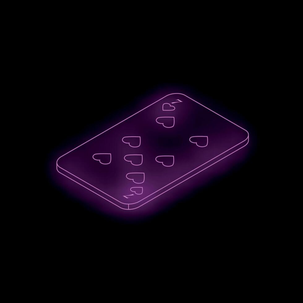 Neon pink seven of hearts playing card shining on black background vector