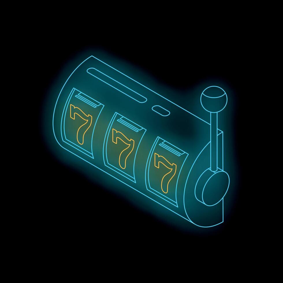 Neon slot machine showing triple seven jackpot on black background vector