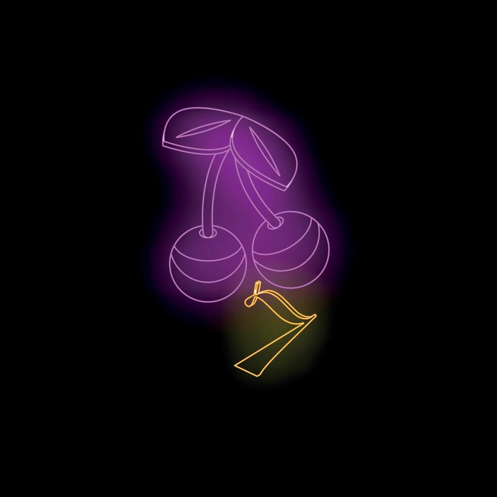 Glowing neon cherries and number seven on dark background vector