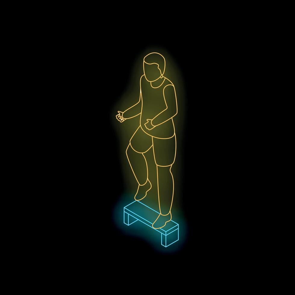 Athlete doing step aerobics exercise on bench in neon style isometric view vector