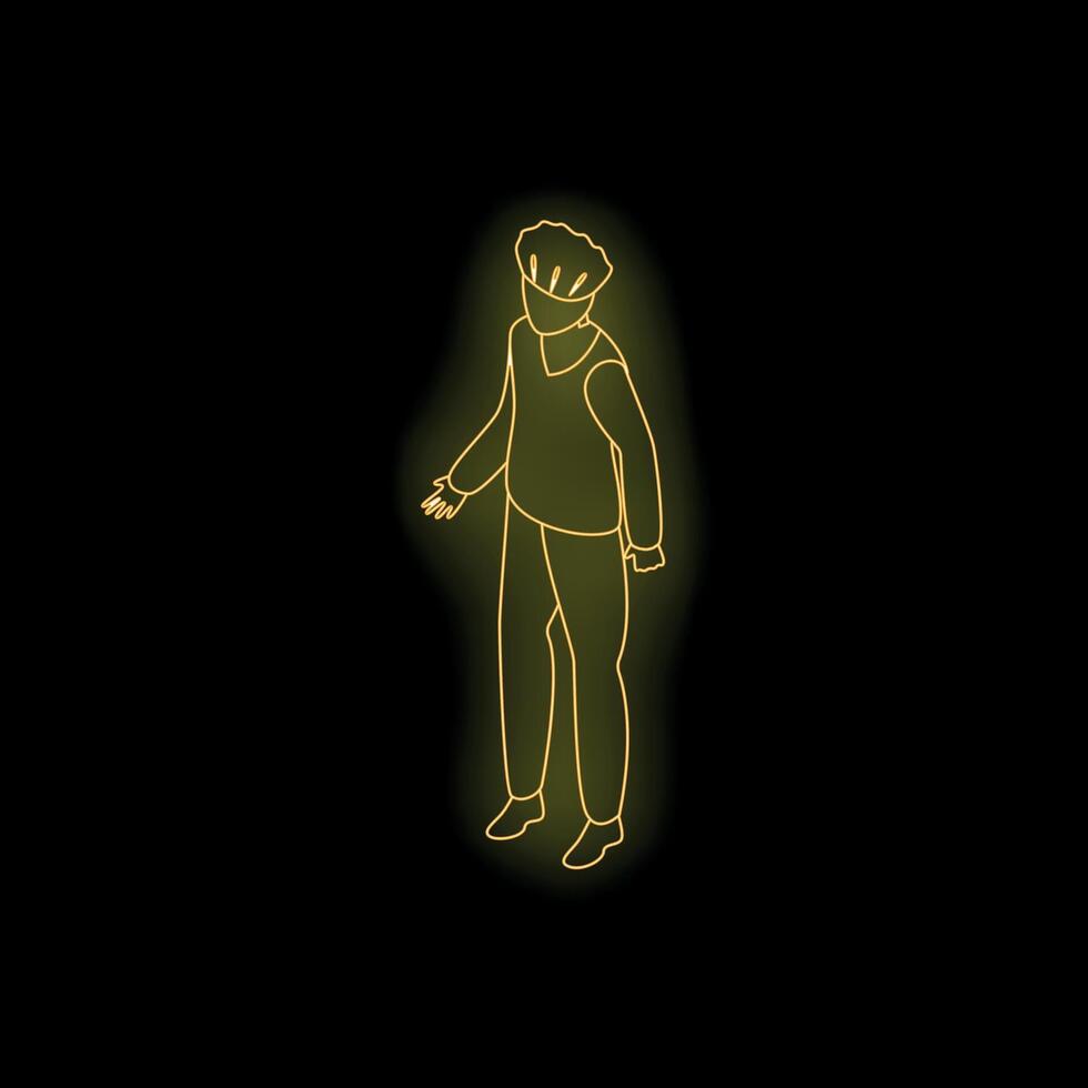 Chef character wearing uniform and hat, glowing neon style on dark background vector