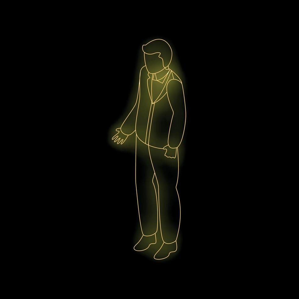 Golden neon outline of a businessman standing in the dark vector