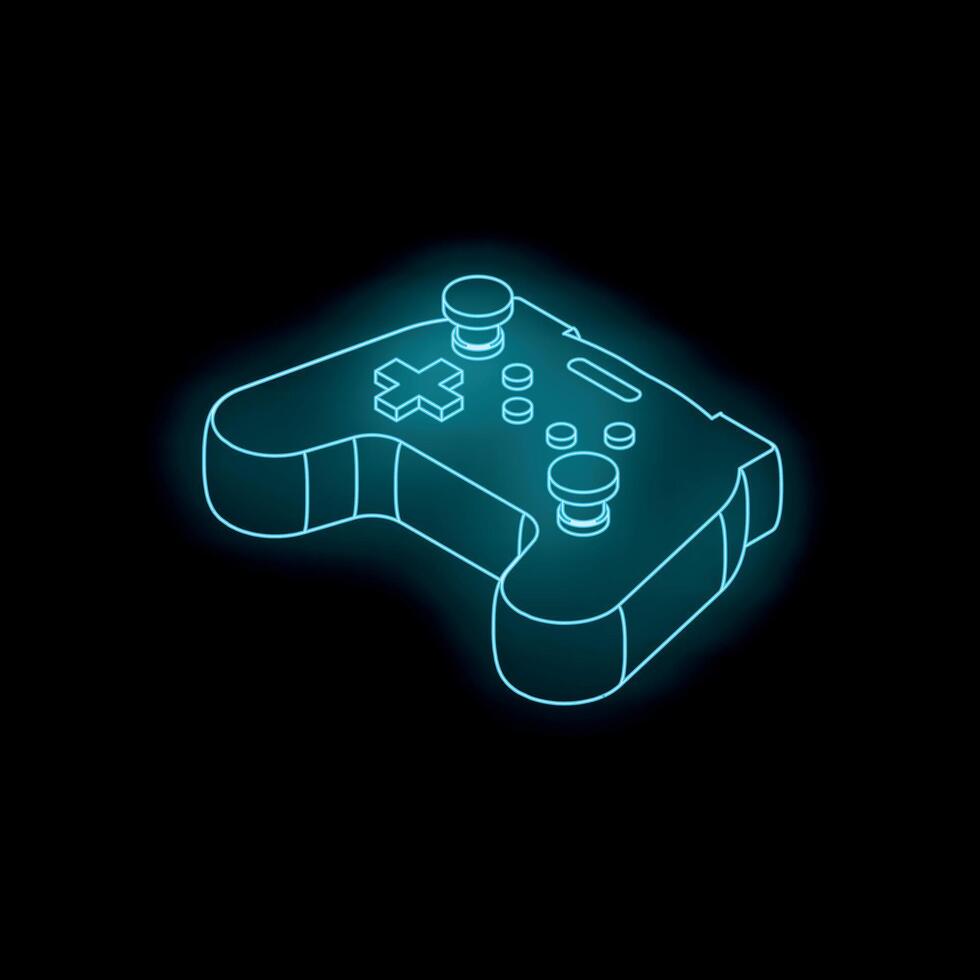 Neon blue gamepad glowing on black background, futuristic gaming concept vector