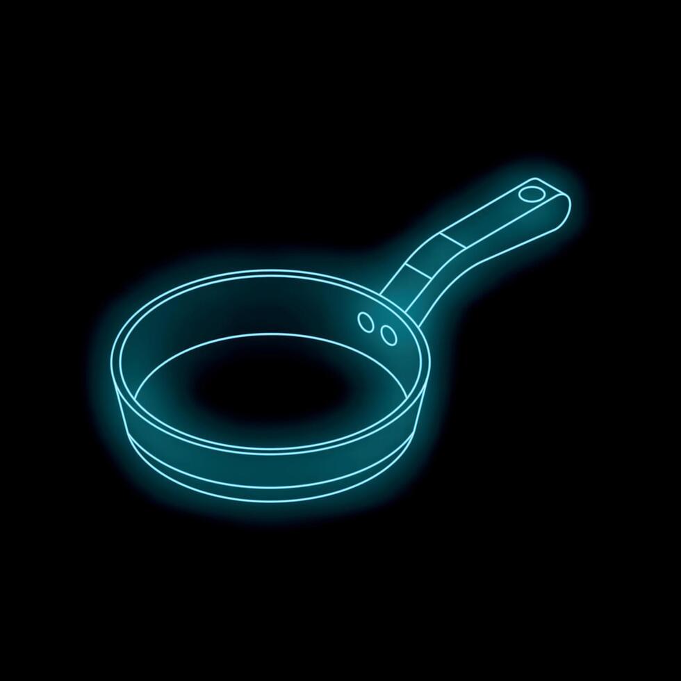 Neon glowing frying pan illuminating dark background vector