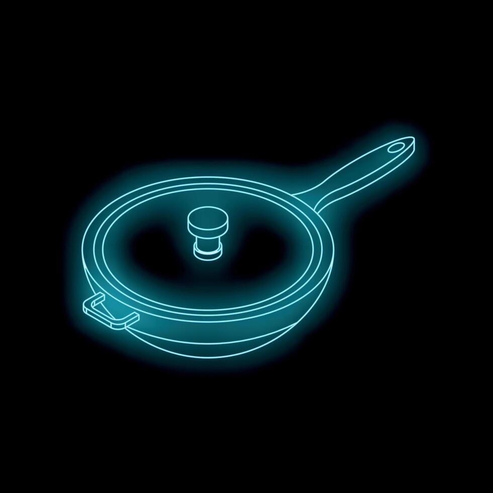 Neon blue frying pan with lid on black background vector