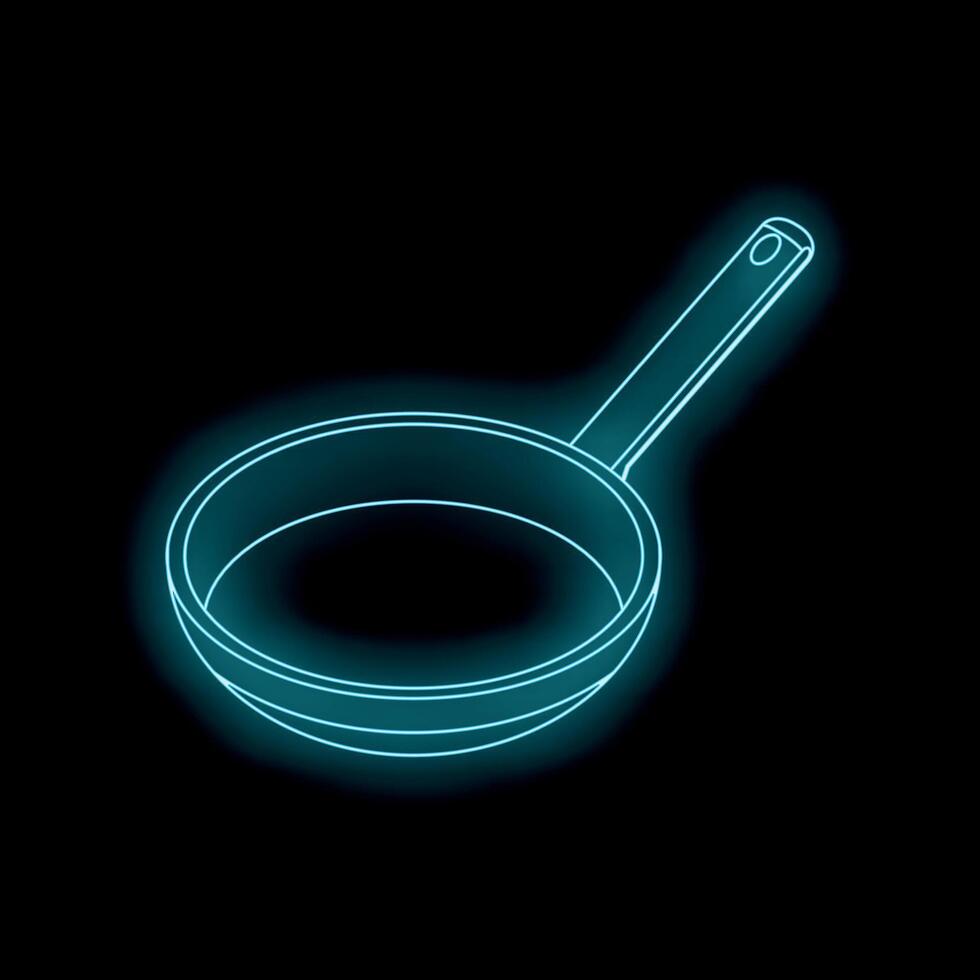 Glowing neon frying pan on black background illuminating cooking concept vector
