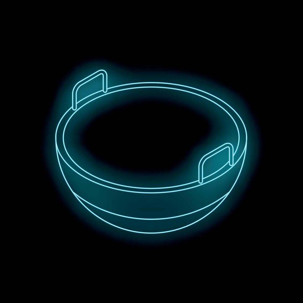 Neon blue wok shining in the dark, isometric view of traditional cooking pan vector