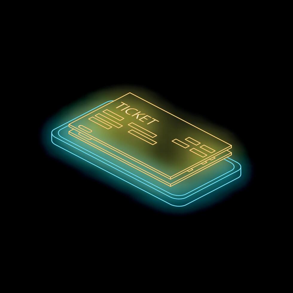 Neon ticket icon resting on smartphone for online booking and purchase vector